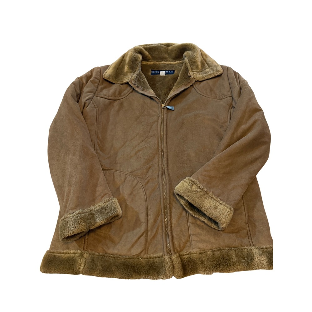 Vintage Big Chill Faux Suede Shearling Jacket Tan Faux Fur Lined Zip M Retro